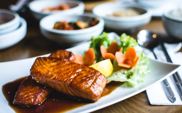  Fried salmon with sweet soy sauce in a Korean restaurant