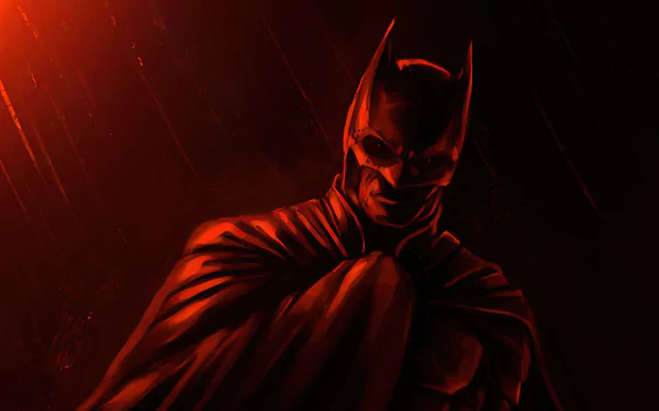 A dark, rain-soaked portrait of Batman from DC Comics' The Batman movie, rendered in dramatic red and black tones for an 8K Ultra HD desktop wallpaper.