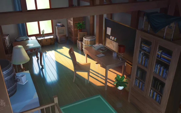 Bright anime-style room featuring wooden furniture, a chair, bookshelves, and sunlight streaming through the window, rendered in 4K Ultra HD for PC desktop wallpaper.