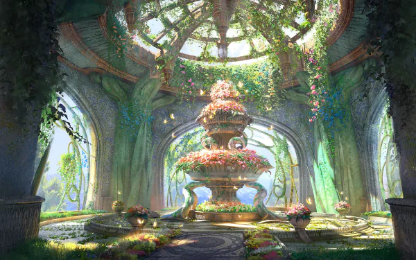 HD anime-style wallpaper depicting an ornate, sunlit building interior with arches and a central floral fountain, creating an enchanting background.
