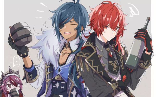HD PC wallpaper featuring Genshin Impact characters Diluc, Kaeya with an eye patch, and Rosaria, showcasing dynamic poses and vibrant game-inspired designs.