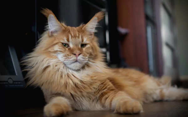 A majestic Maine Coon cat with long fur lounging indoors, captured in stunning 4K Ultra HD detail for a vibrant PC desktop wallpaper.