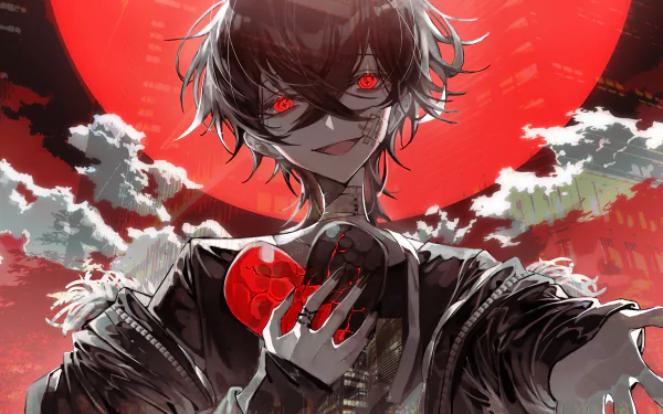 Anime boy with glowing red eyes and dark hair, holding a red orb against a dramatic, fiery red sky; 4K Ultra HD PC desktop wallpaper and background.