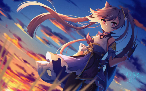 Keqing from Genshin Impact is featured in this vibrant 4K Ultra HD PC desktop wallpaper with dynamic lighting and a dramatic sky background.