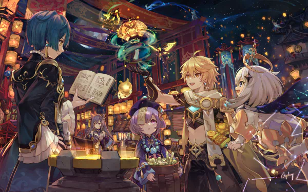 A vibrant Genshin Impact HD wallpaper featuring characters Qiqi, Xingqiu, Xiao, Paimon, Keqing, Ganyu, and Aether in a bustling, fantastical setting.