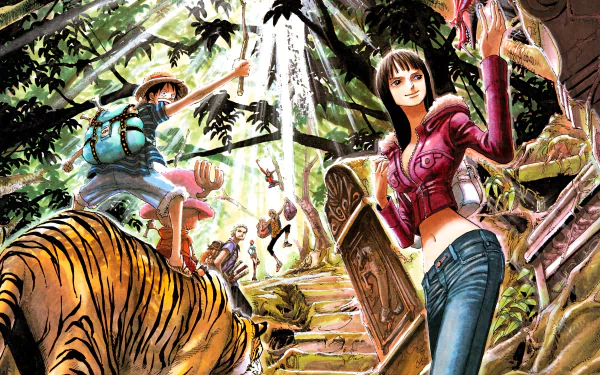 A vibrant 4K Ultra HD wallpaper featuring characters from One Piece: Luffy, Nami, Usopp, Sanji, Zoro, Chopper, and Robin, set in a lush jungle with a tiger.