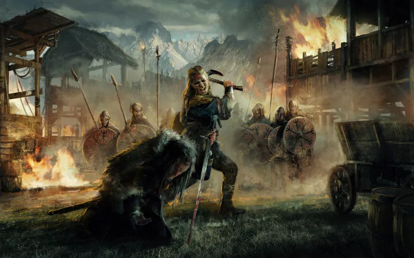Eivor from Assassin's Creed Valhalla stands amid a fiery village attack, wielding an axe with Viking warriors ready for battle in this 4K Ultra HD video game desktop wallpaper.