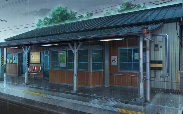 HD anime-style desktop wallpaper depicting a quiet train station in the rain, with detailed wooden structures and lush greenery in the background.