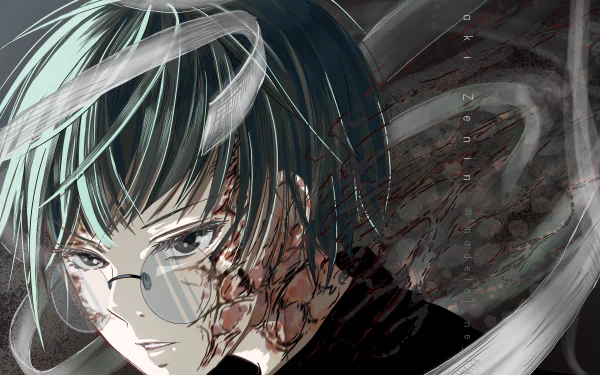 Close-up anime portrait of Maki Zenin from Jujutsu Kaisen, green-haired and wearing glasses, scarred face and swirling mist — 8K Ultra HD PC desktop wallpaper.