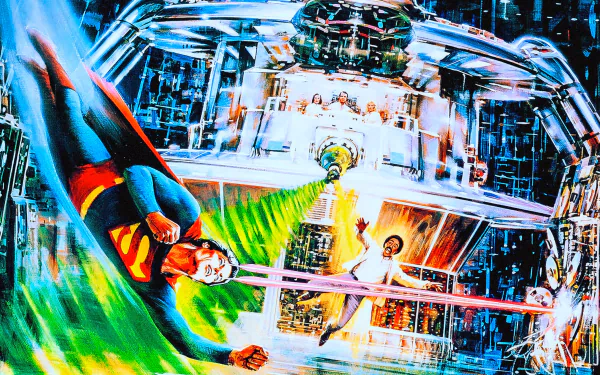 HD PC desktop wallpaper/background: Superman in dynamic flight amid a glowing industrial lab confrontation from the movie Superman III.