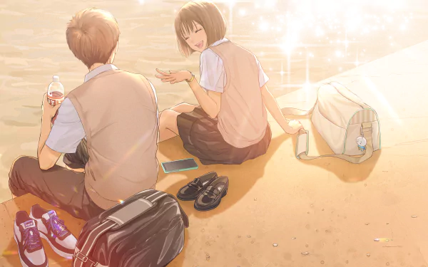 4K Ultra HD PC desktop wallpaper: anime scene of two friends in school uniforms with short hair, laughing on a sunlit beach, backpacks and shoes beside them.