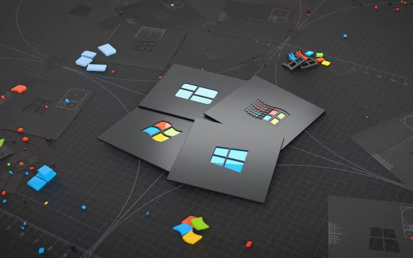HD PC desktop wallpaper featuring various Windows logos in a sleek, technology-inspired design with digital elements on a dark background.