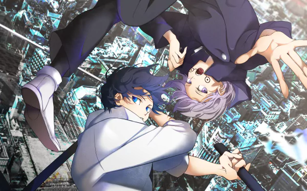 4K Ultra HD anime wallpaper featuring Jujutsu Kaisen characters Yuta Okkotsu with blue hair and eyes, and Toge Inumaki with white hair in school uniforms.