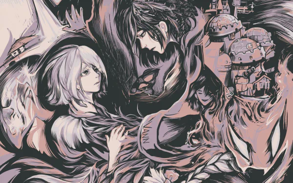 HD anime desktop wallpaper featuring Sophie Hatter and Howl Jenkins Pendragon from Howl's Moving Castle in an artistic, dynamic composition.