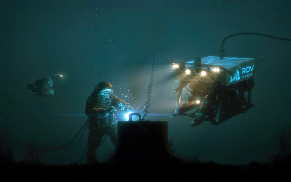 4K Ultra HD wallpaper depicting a diver interacting with a drone underwater, surrounded by a glowing, mysterious fantasy creature in deep sea darkness.