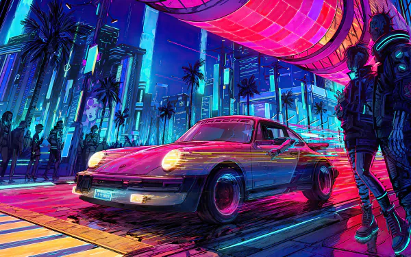A vibrant 4K Ultra HD PC desktop wallpaper showcasing a Porsche car amid neon-lit streets in the Cyberpunk 2077 video game world.