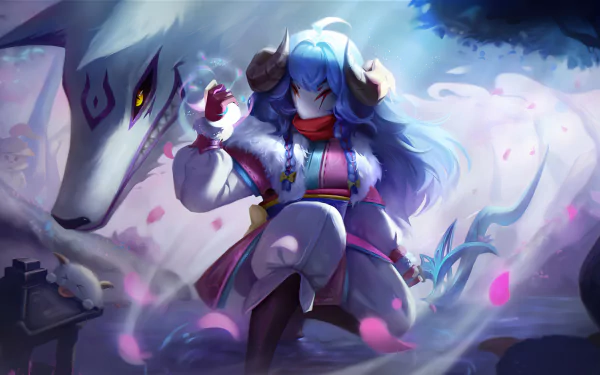 HD PC desktop wallpaper featuring Kindred from League of Legends, showcasing the character with a white wolf in a mystical, blue-toned forest setting.
