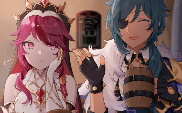 HD PC wallpaper of Genshin Impact's Kaeya and Rosaria: Kaeya winks with his eye patch and raises a tankard, Rosaria sits nearby with a composed, slightly wary expression.