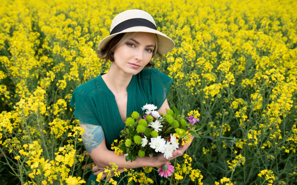 yellow flower rapeseed hazel eyes hat woman model HD Desktop Wallpaper | Background Image