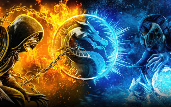 4K Ultra HD wallpaper featuring Mortal Kombat 2021’s iconic characters Sub-Zero and Scorpion in an epic fiery and icy showdown.