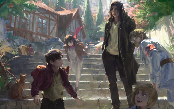HD desktop wallpaper featuring Armin Arlert, Mikasa Ackerman, Eren Yeager, and Zeke Yeager from Attack on Titan, standing in a lush, sunlit village.