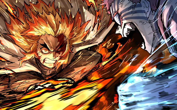 HD desktop wallpaper featuring Kyojuro Rengoku and Akaza in an intense action scene from Demon Slayer: Kimetsu no Yaiba - The Movie: Mugen Train. The vivid artwork showcases their fiery and icy powers clashing.