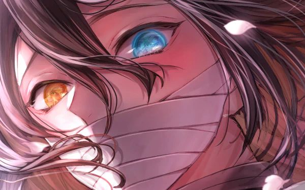 Close-up 4K Ultra HD anime wallpaper of Obanai Iguro from Demon Slayer, highlighting his distinctive heterochromia with one blue and one amber eye.