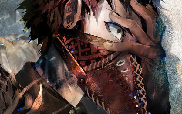 Close-up digital painting of Kai Chisaki (Overhaul) from My Hero Academia, masked with a hand over his face and a piercing eye — 4K Ultra HD PC desktop wallpaper/background.