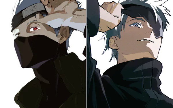 HD anime desktop wallpaper featuring a crossover of Kakashi Hatake from Naruto and Satoru Gojo from Jujutsu Kaisen, both wearing headbands and blindfolds with distinct eye colors.