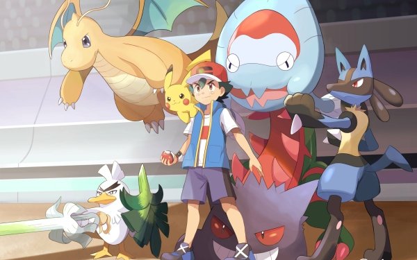 Anime Pokémon Dracovish Ash Ketchum Sirfetch'd Lucario Dragonite Gengar Pikachu Pokeball Cap Shorts Black Hair Brown Eyes HD Wallpaper | Background Image