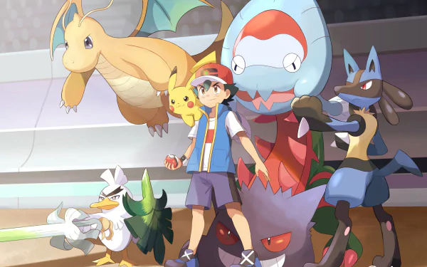 Anime-style HD desktop wallpaper featuring Ash Ketchum with brown eyes and black hair, wearing shorts and a cap, surrounded by Pokémon including Pikachu, Gengar, Dragonite, Lucario, Sirfetch’d, and Dracovish.