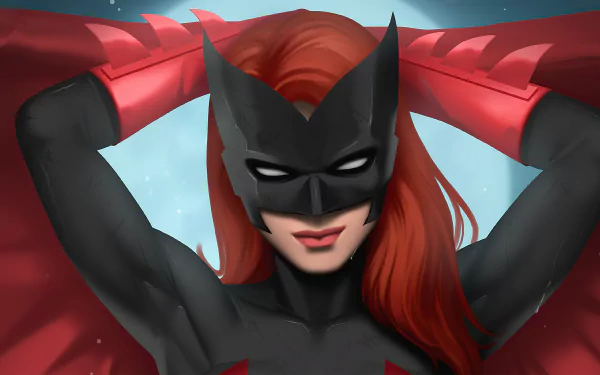 5K Ultra HD PC desktop wallpaper/background of Kate Kane as Batwoman (DC Comics): close-up of masked, red‑haired hero adjusting her cape against a starry sky.