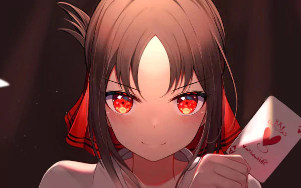 Close-up anime illustration of Kaguya Shinomiya from Kaguya-sama: Love is War with striking red eyes, holding a heart-themed playing card in 4K Ultra HD quality.