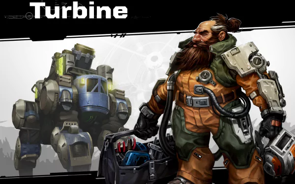 HD desktop wallpaper of Turbine featuring a detailed illustration of an animated character with a robotic suit and mechs in the background, tagged with Dropzone.