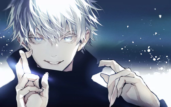 4K Ultra HD anime wallpaper featuring Satoru Gojo from Jujutsu Kaisen with striking white hair and glowing eyes against a dark, dynamic background.