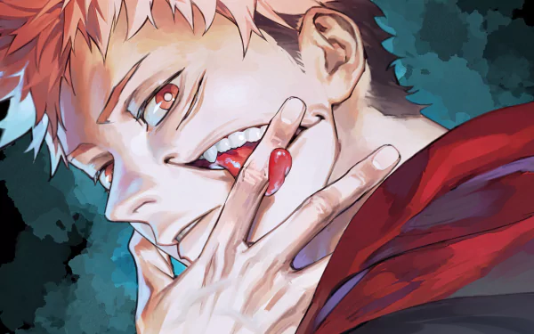Close-up anime portrait of Yuji Itadori with pink hair, red eyes and a mischievous grin; vivid 4K Ultra HD Jujutsu Kaisen desktop wallpaper.
