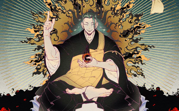 4K Ultra HD anime wallpaper featuring Suguru Geto from Jujutsu Kaisen, depicted in a dynamic pose with black flames and radiant background elements.