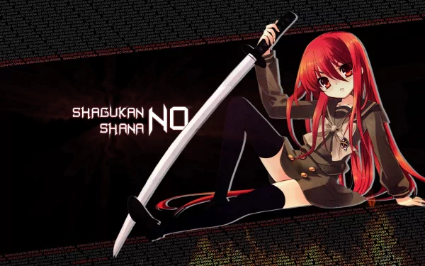 HD anime wallpaper of Shana from Shakugan No Shana, featuring her red hair, thigh highs, skirt, bow clothing, and wielding a katana sword.