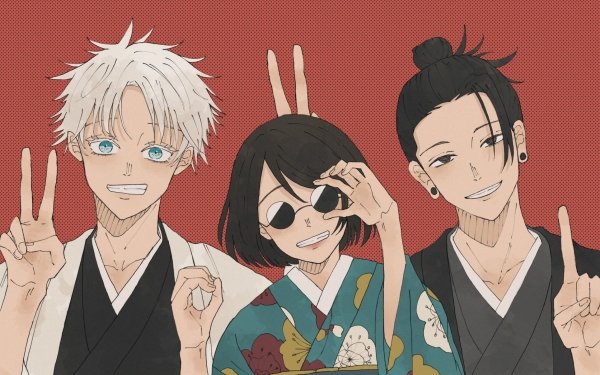 Anime Jujutsu Kaisen Satoru Gojo Suguru Geto Shoko Ieiri Black Hair White Hair Blue Eyes Glasses Yukata HD Wallpaper | Background Image