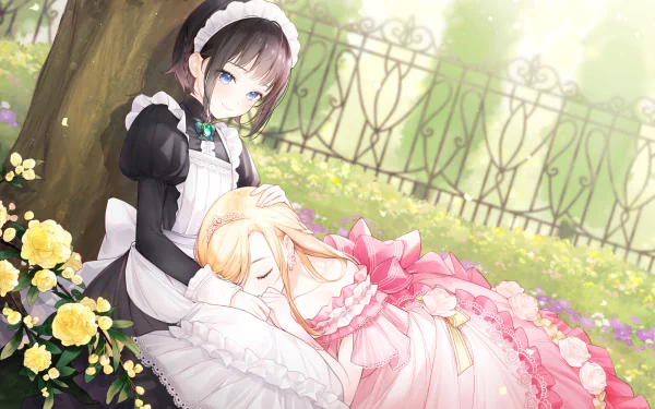 blue eyes tiara blonde black hair maid short hair long hair Anime girl anime girl HD Desktop Wallpaper | Background Image