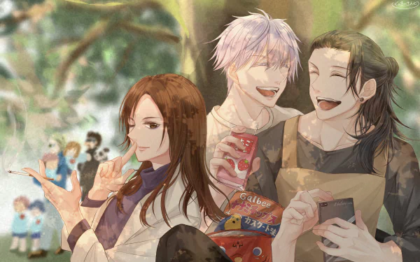 Nobara Kugisaki Megumi Fushiguro Yuji Itadori Panda (Jujutsu Kaisen) Kento Nanami Masamichi Yaga black hair white hair brown eyes brown hair Shoko Ieiri Suguru Geto Satoru Gojo Anime Jujutsu Kaisen Gojo & Geto HD Desktop Wallpaper | Background Image