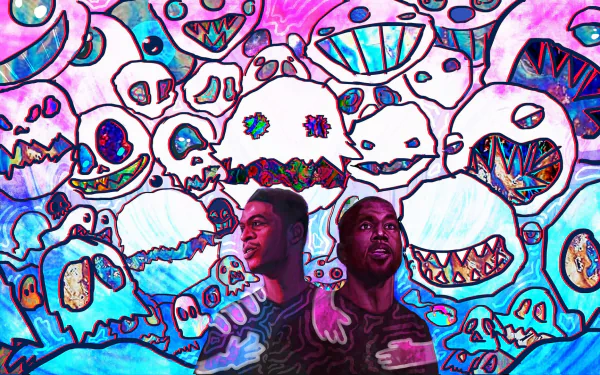 HD desktop wallpaper featuring an artistic rendition of the Kids See Ghosts theme with colorful, ghostly graphics and two stylized figures.