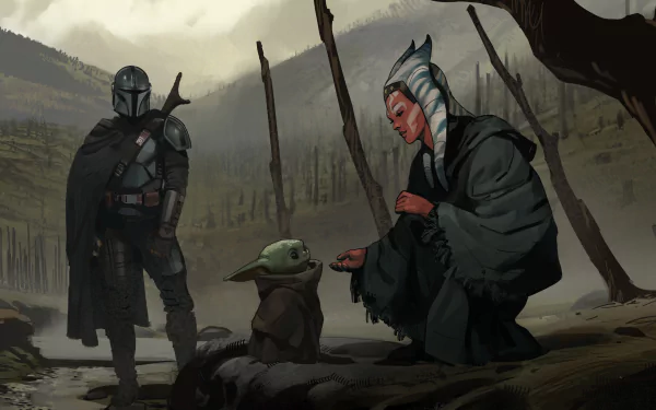 HD desktop wallpaper featuring Star Wars characters The Mandalorian, Baby Yoda, and Ahsoka Tano in a misty forest scene from The Mandalorian TV show.