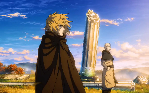 HD PC desktop wallpaper featuring Thorfinn and Askeladd from the anime Vinland Saga, set against a scenic landscape with a bright blue sky and ancient ruins.