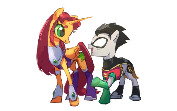 HD PC desktop wallpaper: My Little Pony–style crossover showing pony versions of Dick Grayson/Robin and Starfire from Teen Titans standing together.