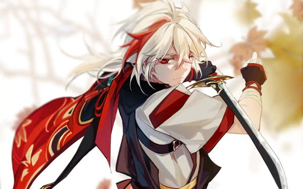 HD desktop wallpaper featuring Kaedehara Kazuha from the video game Genshin Impact. Kazuha is depicted with brilliantly detailed attire, holding a sword against a backdrop of autumn leaves.