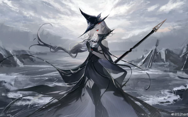 Gladiia from ArKnights stands in a dark, stormy landscape holding a spear, depicted in an 8K Ultra HD video game desktop wallpaper and background.