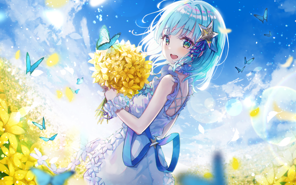 Anime Girl Aqua Hair Butterfly Flower HD Wallpaper | Background Image