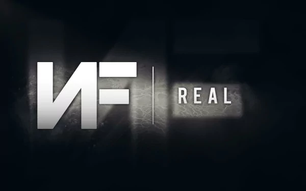 HD desktop wallpaper featuring stylized NF logo with the word 'REAL' on a dark abstract background.