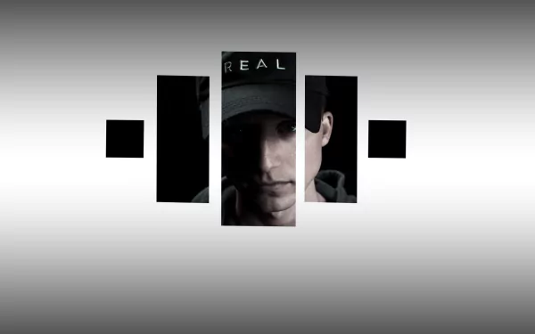 HD desktop wallpaper featuring abstract design and a person with the text REAL.
